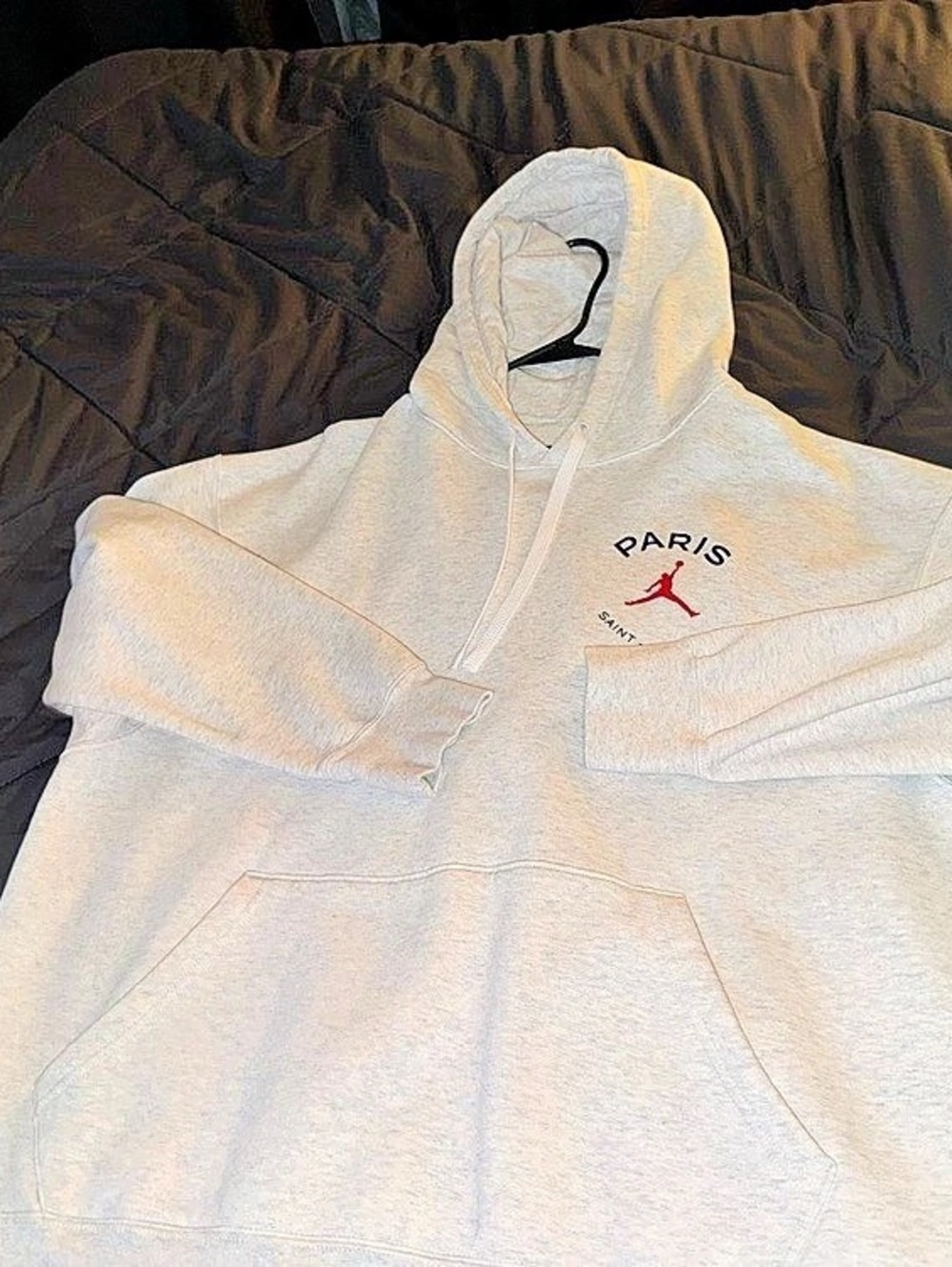 Jordan x Paris Saint-Germain Front Logo Fleece Pullover Hoodie Gray